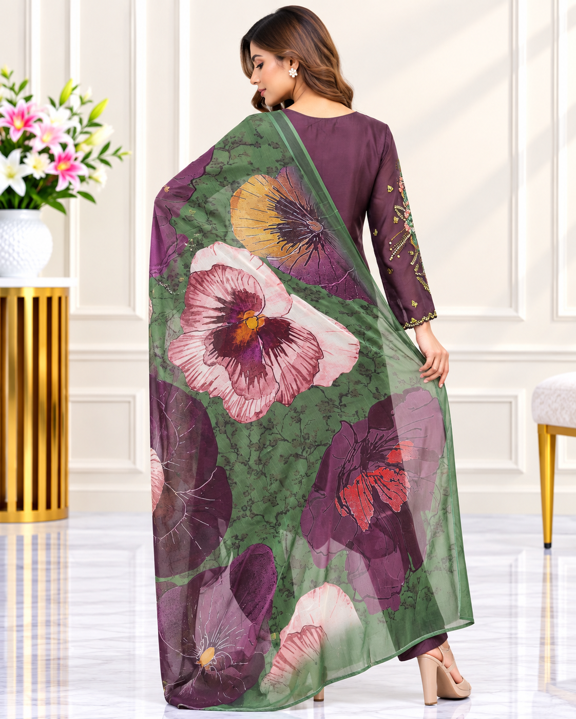 Zahra -e- Noor : Gold Embroidered Suit with Watercolor Dupatta
