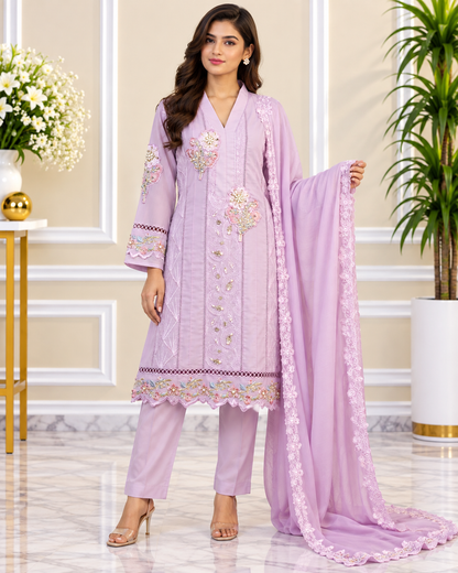 Zahra-E-Noor : Shawl Collar Sequin Embroidered Pakistani Suit