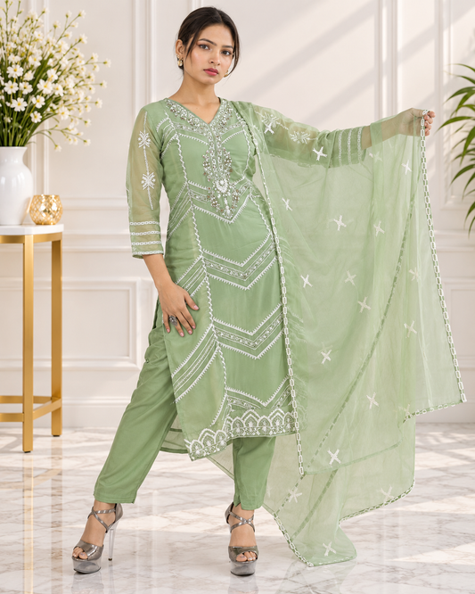 Zahra-E-Noor - Sage Green Embroidered Suit