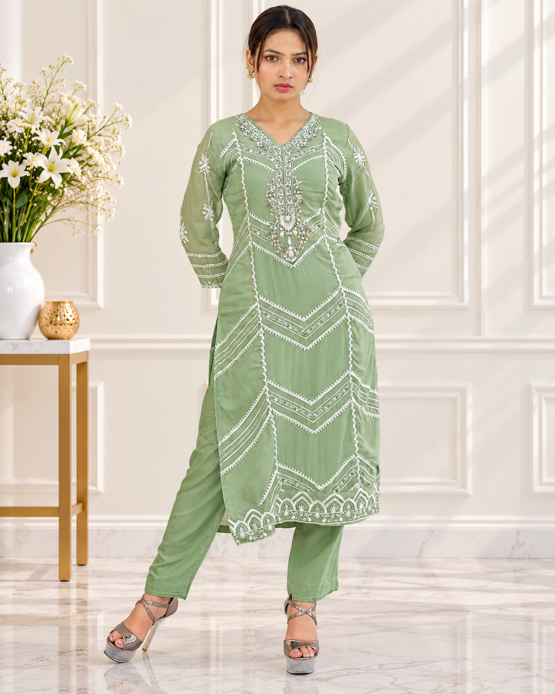 Zahra-E-Noor - Sage Green Embroidered Suit