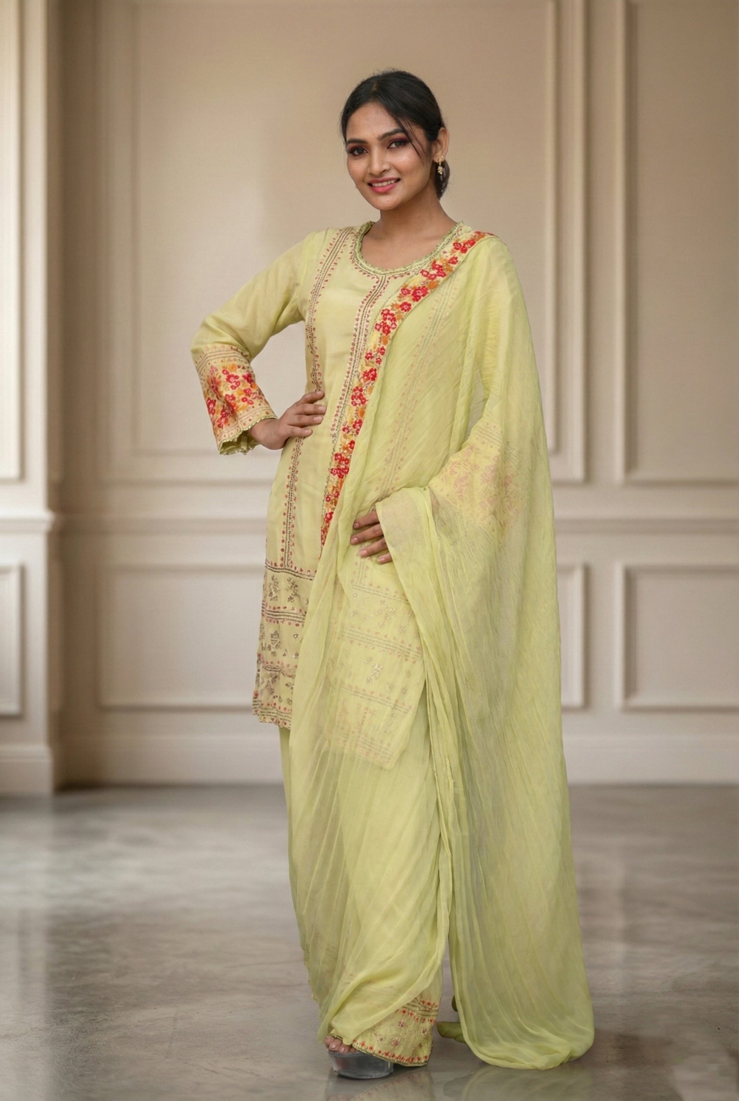 Light Yellow Embroidry Sharara Suit