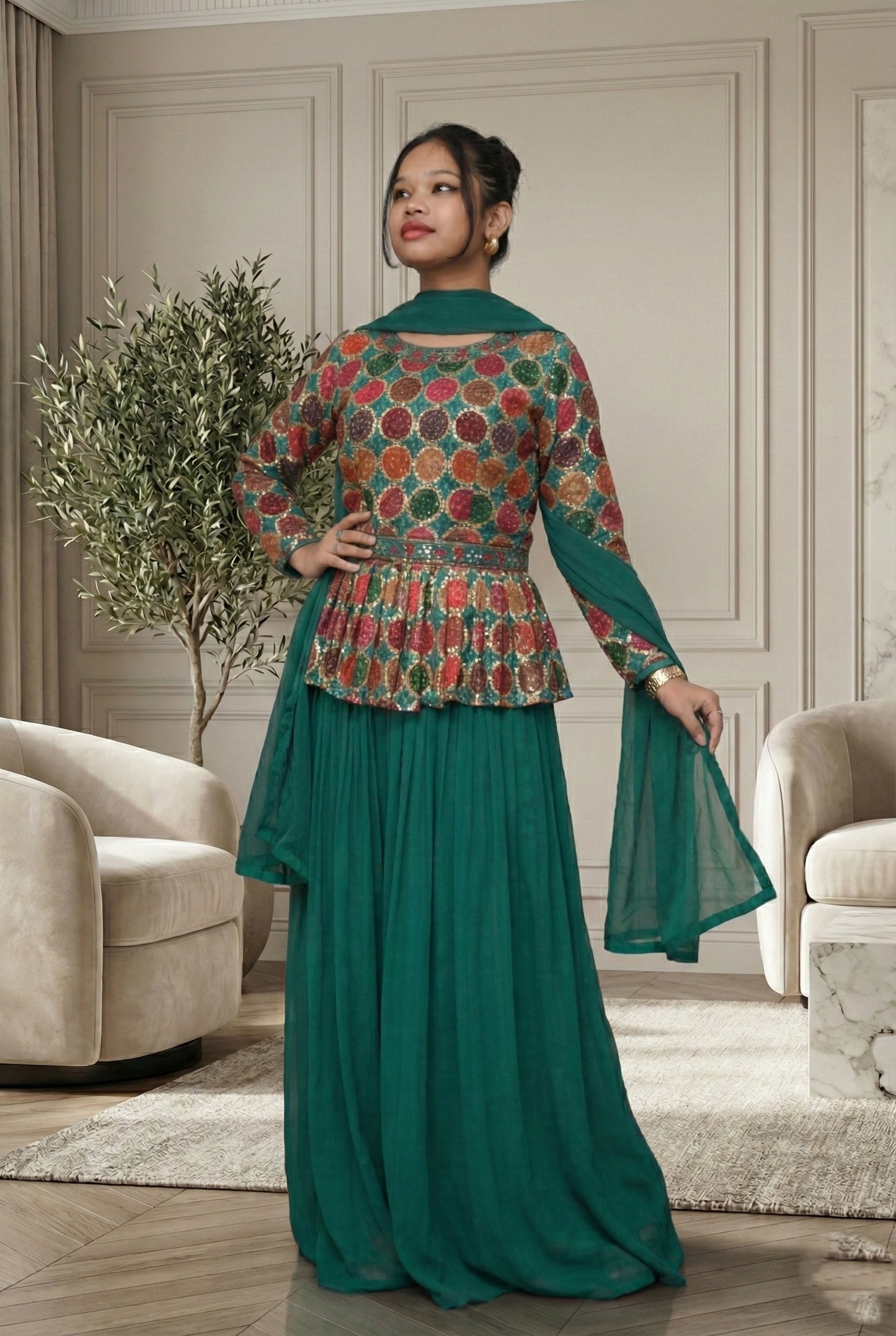 Green Embroidry Sharara Suit