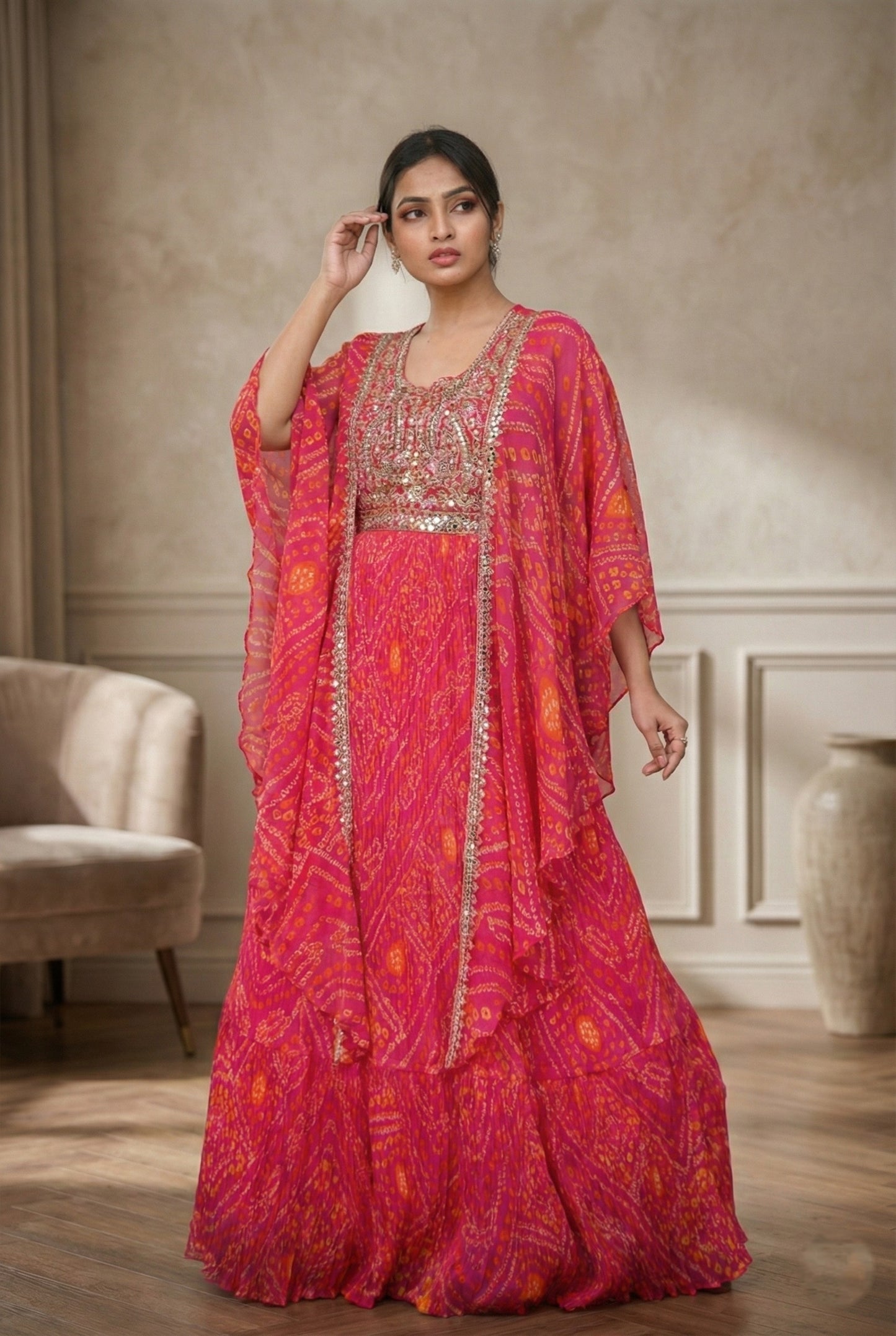 Pink Embrodery Bandhej Suit