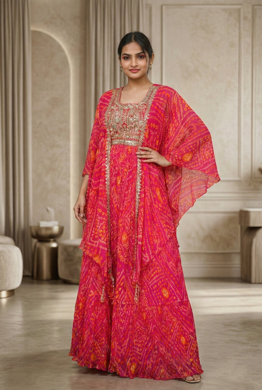 Pink Embrodery Bandhej Suit