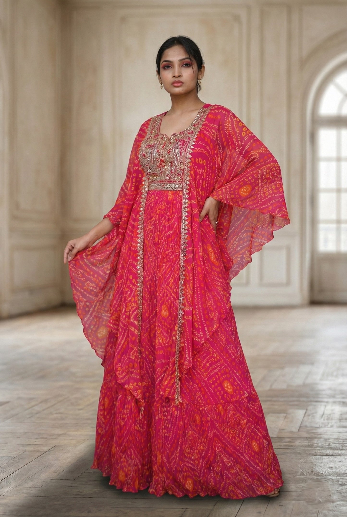 Pink Embrodery Bandhej Suit