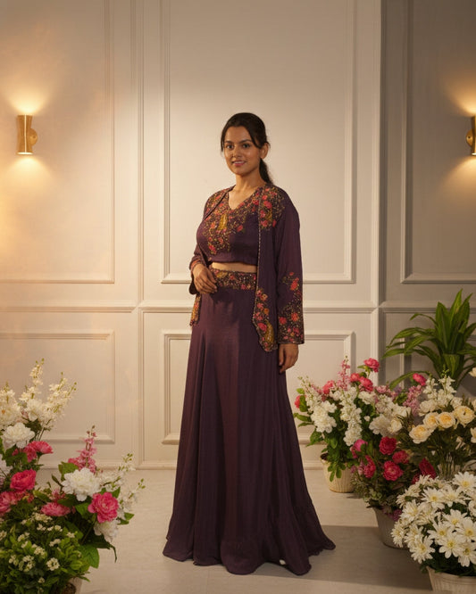 Meher-e-Noor - Floral Embroidery Jacket with Skirt