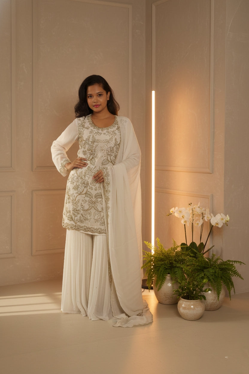 White Embroidry Sharara Suit