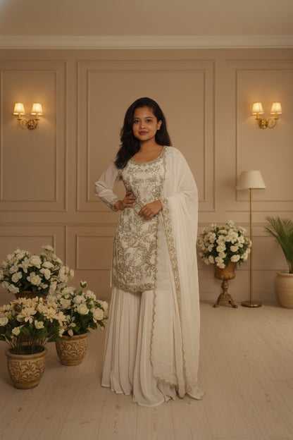 White Embroidry Sharara Suit
