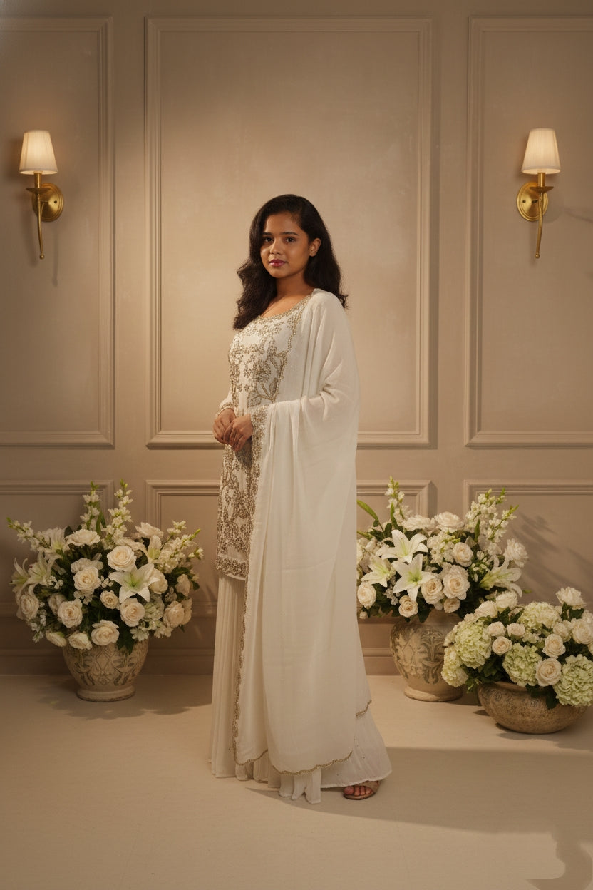 White Embroidry Sharara Suit
