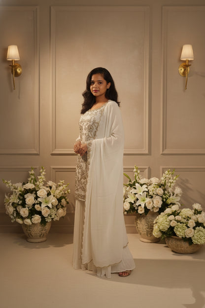 White Embroidry Sharara Suit