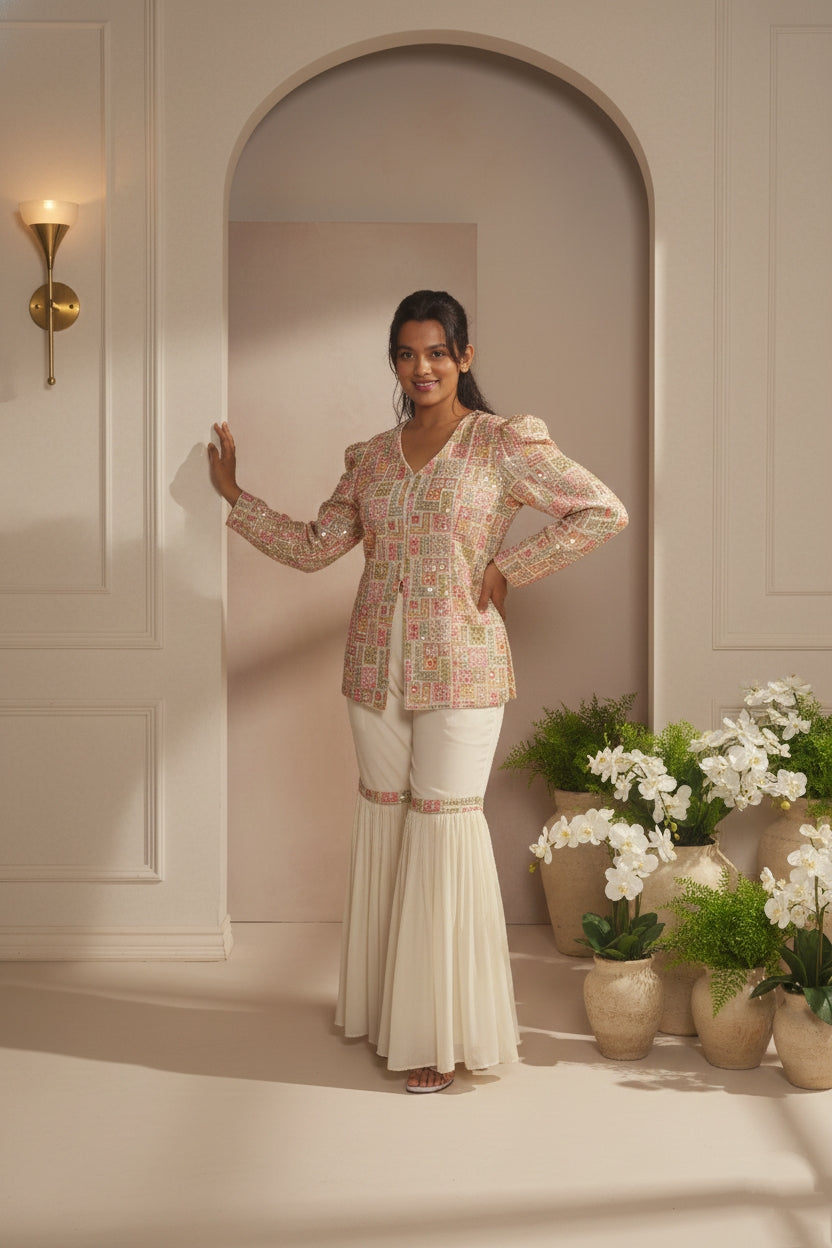 Cream Embroidry Sharara Suit