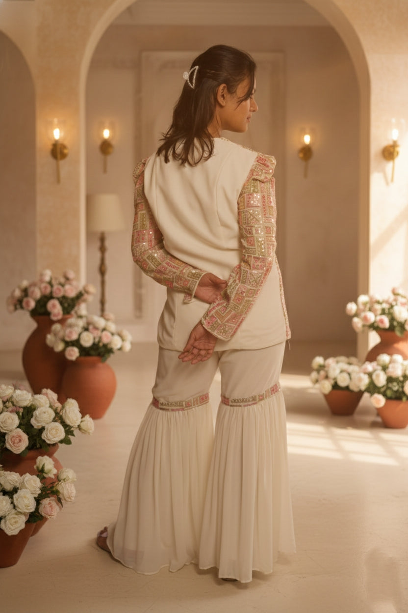 Cream Embroidry Sharara Suit