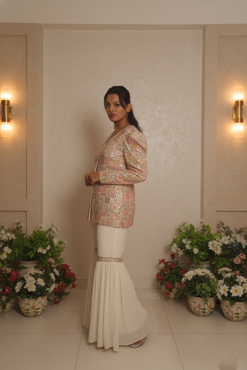 Cream Embroidry Sharara Suit