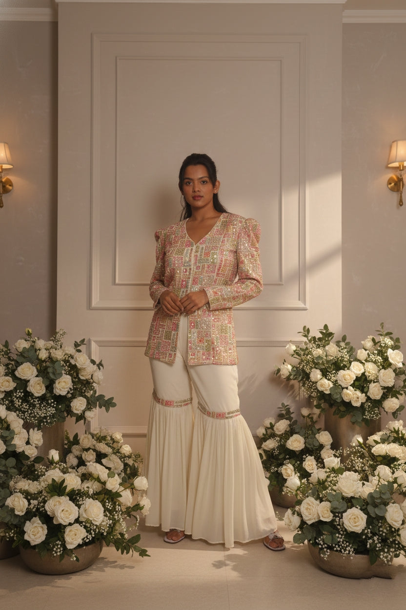 Cream Embroidry Sharara Suit