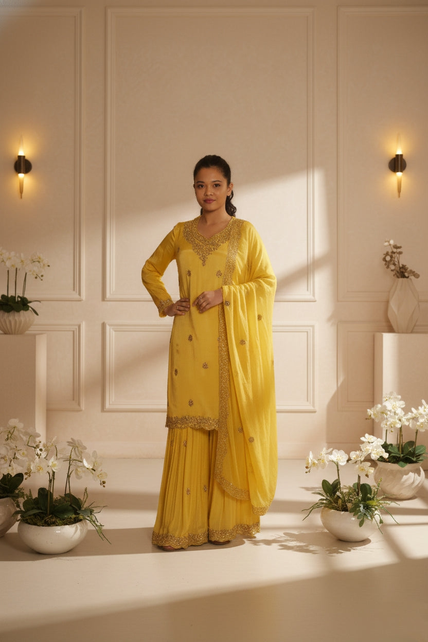 Yellow Embroidry Sharara Suit