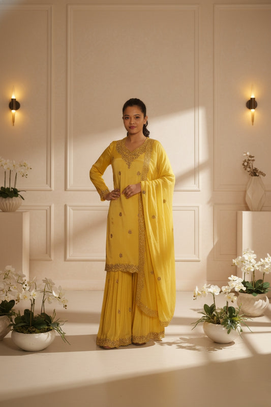 Yellow Embroidry Sharara Suit