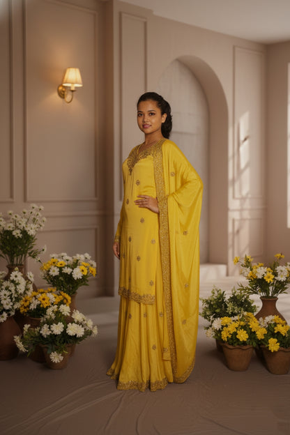 Yellow Embroidry Sharara Suit