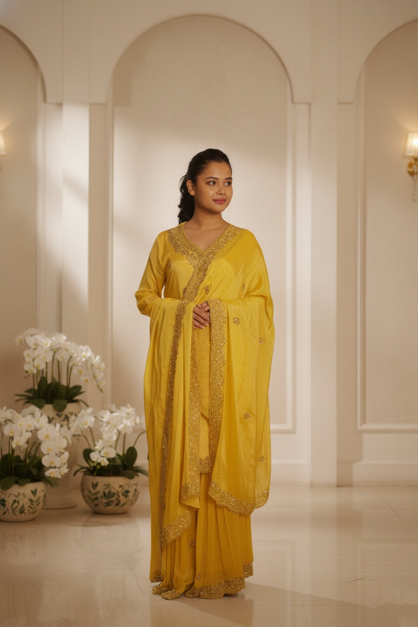 Yellow Embroidry Sharara Suit