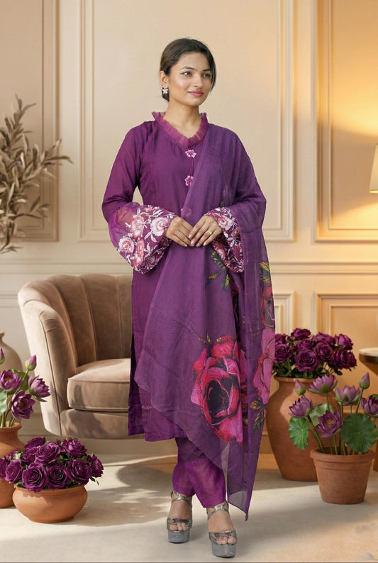 Magenta Rose Bloom Suit with Floral Print Dupatta
