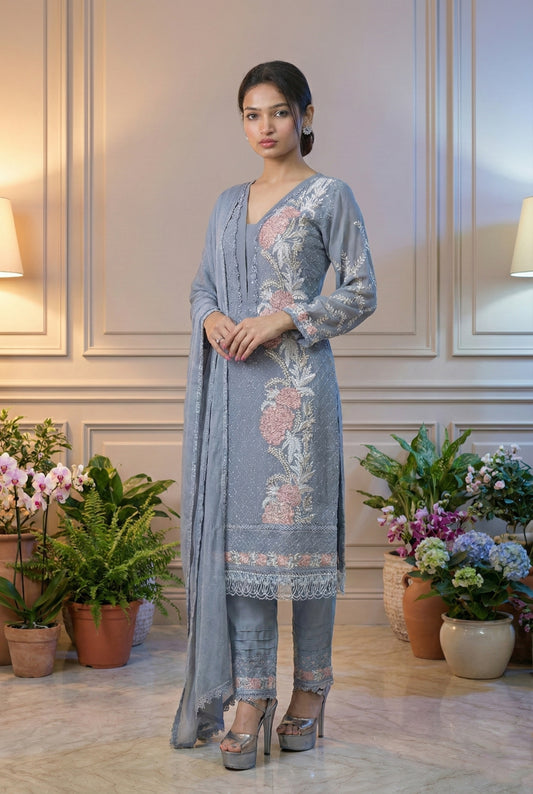 Floral Embroidered Pakistani Suit Set with Dupatta