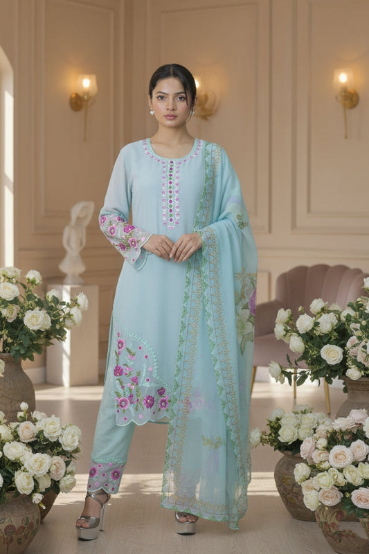 Embroidered Pakistani Kurta Set with Organza Dupatta