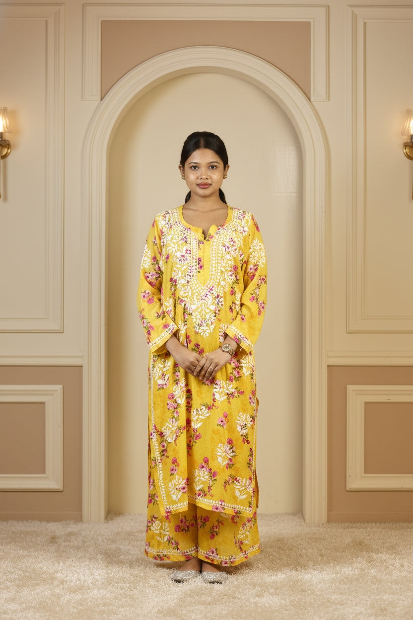 Printed Yellow Chikankari Suit