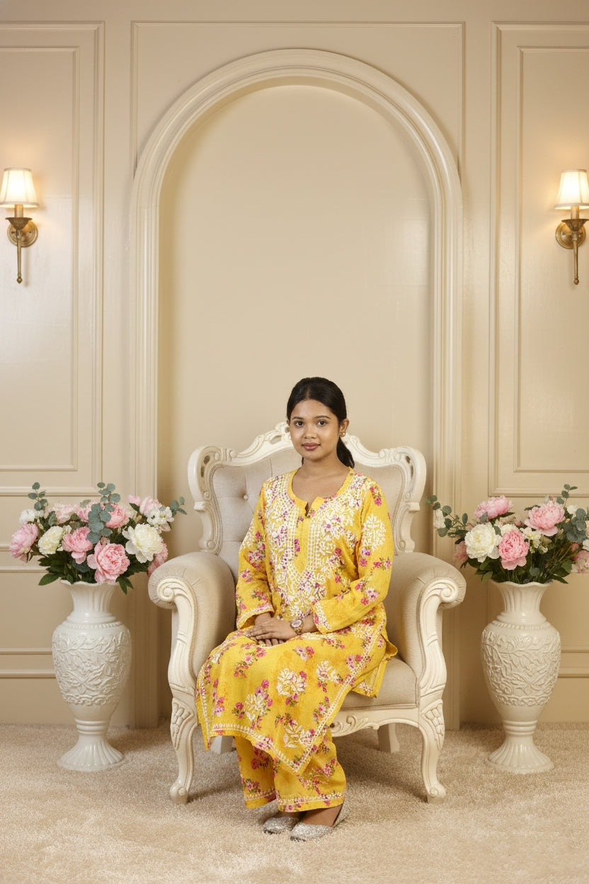 Printed Yellow Chikankari Suit
