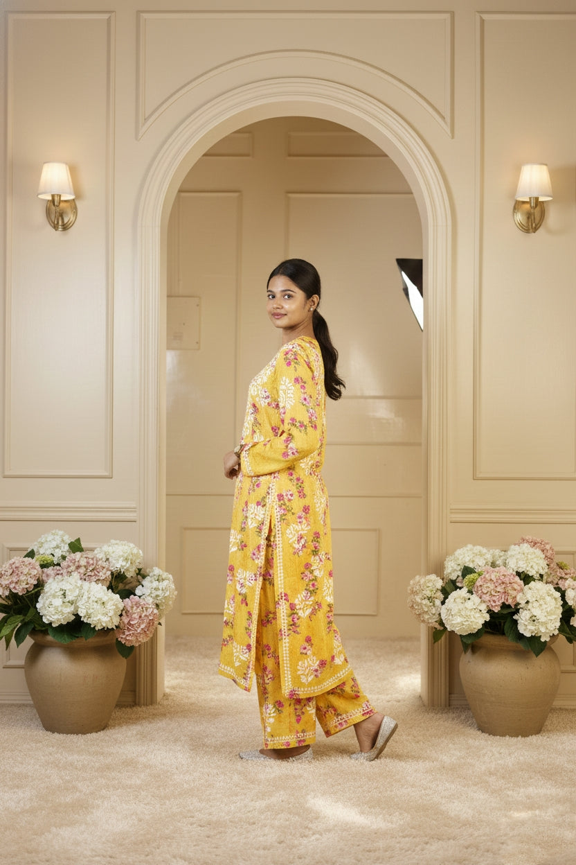 Printed Yellow Chikankari Suit