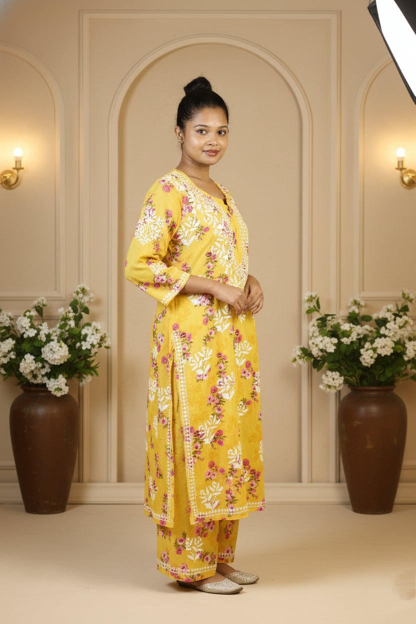 Printed Yellow Chikankari Suit