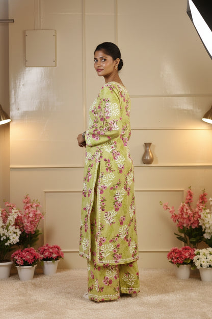 Printed Lemon Green Chikankari Suit