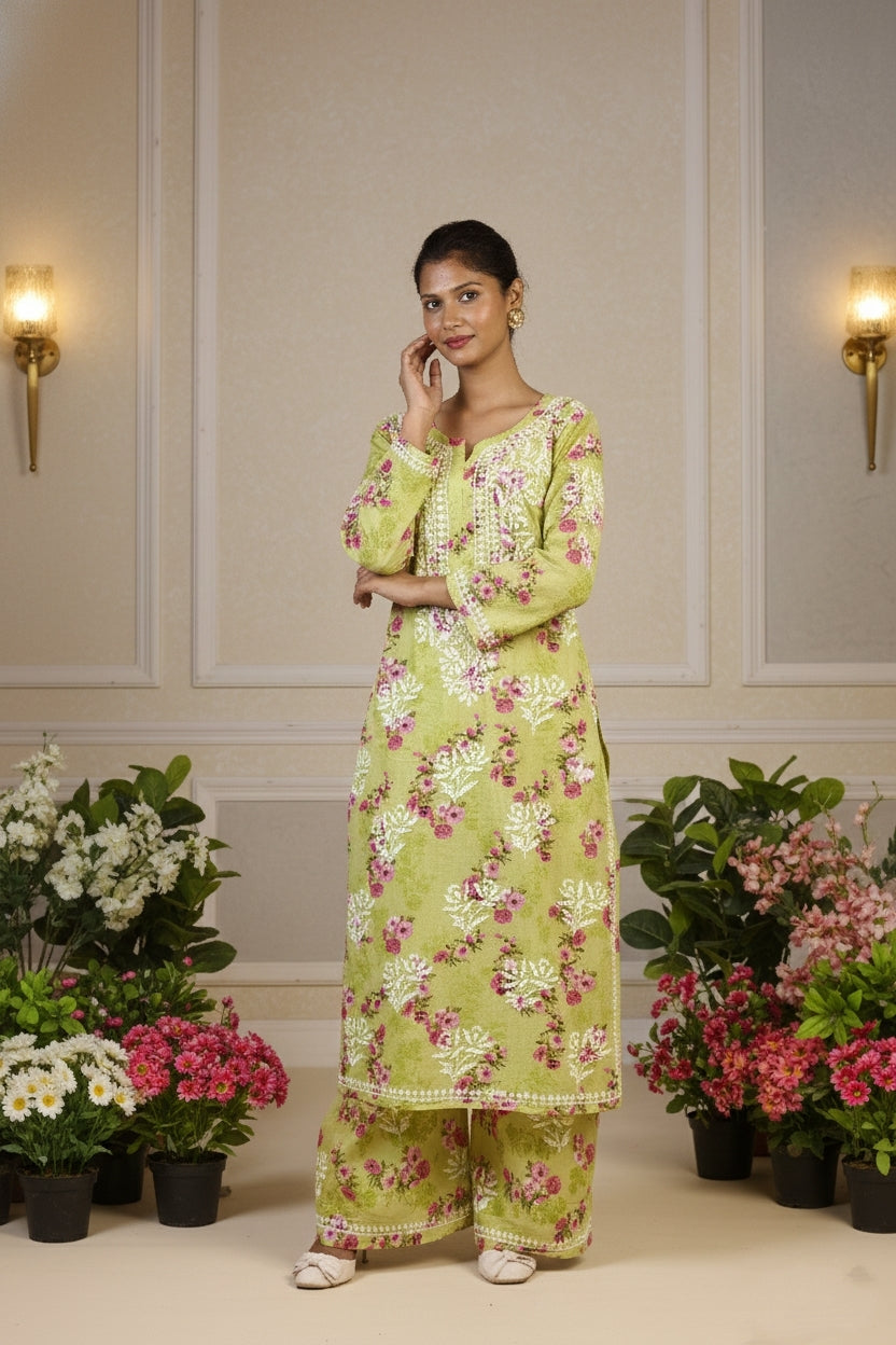 Printed Lemon Green Chikankari Suit