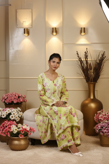 Printed Lemon Green Chikankari Suit