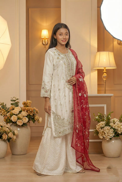 White Sharara with Red Dupatta