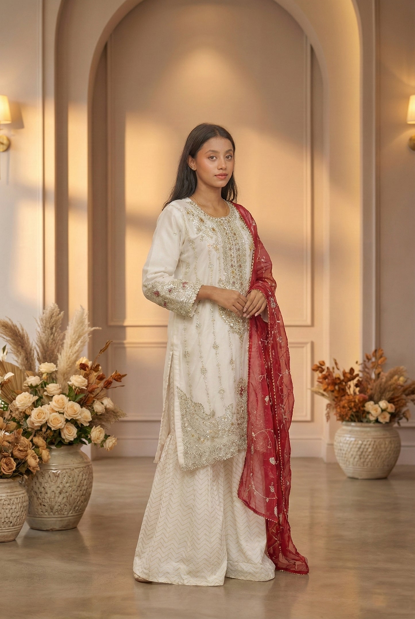 White Sharara with Red Dupatta