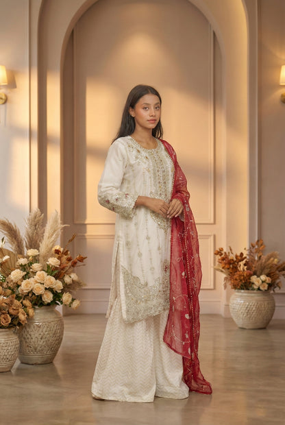 White Sharara with Red Dupatta