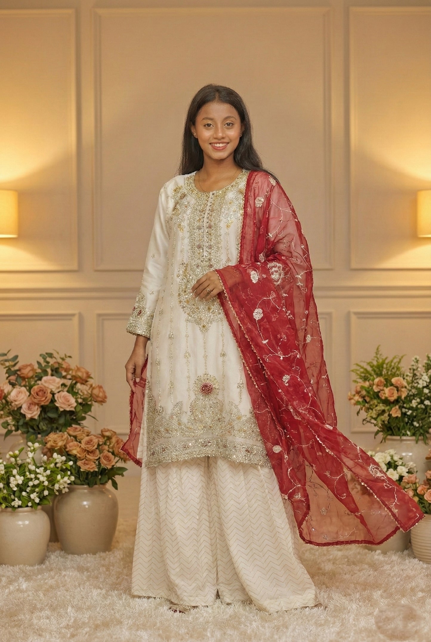 White Sharara with Red Dupatta