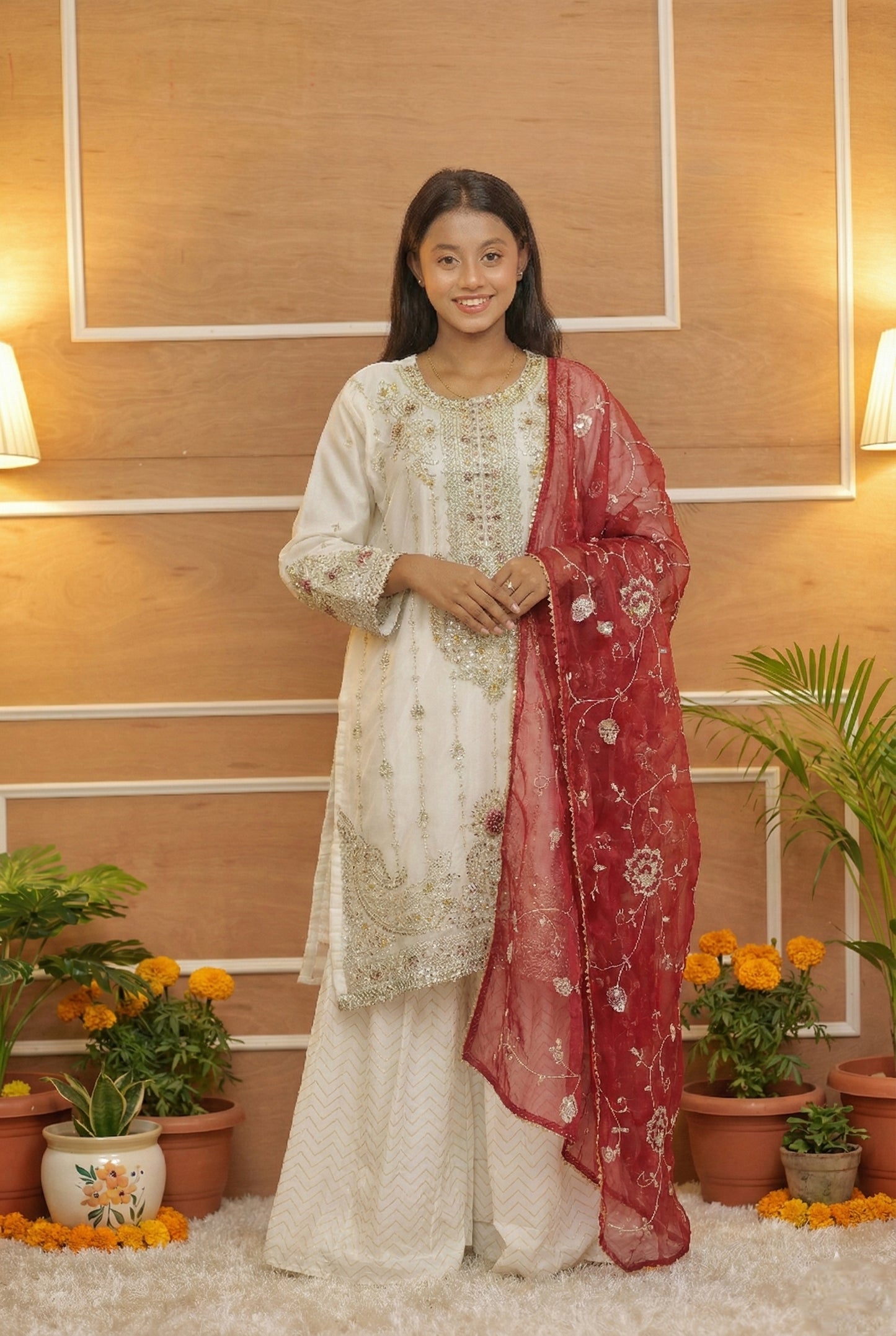 White Sharara with Red Dupatta