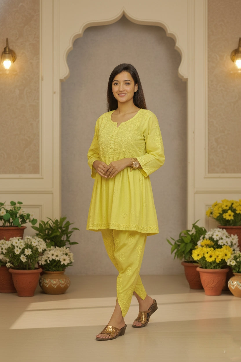 Yellow Chikankari Suit with Dhoti Salwaar