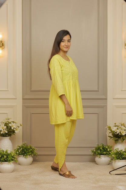 Yellow Chikankari Suit with Dhoti Salwaar