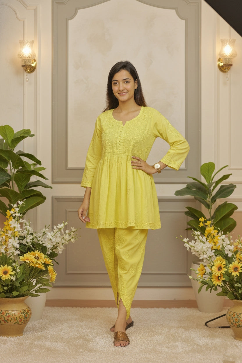 Yellow Chikankari Suit with Dhoti Salwaar