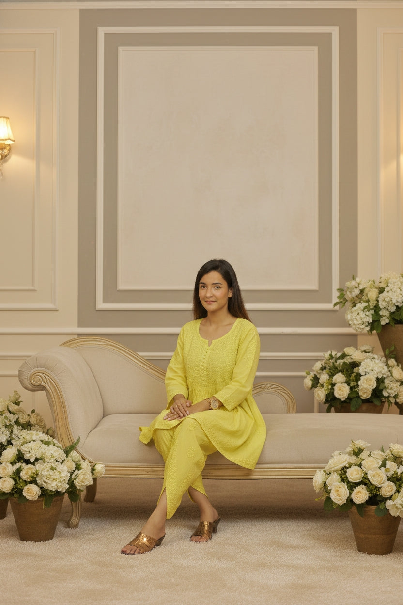 Yellow Chikankari Suit with Dhoti Salwaar