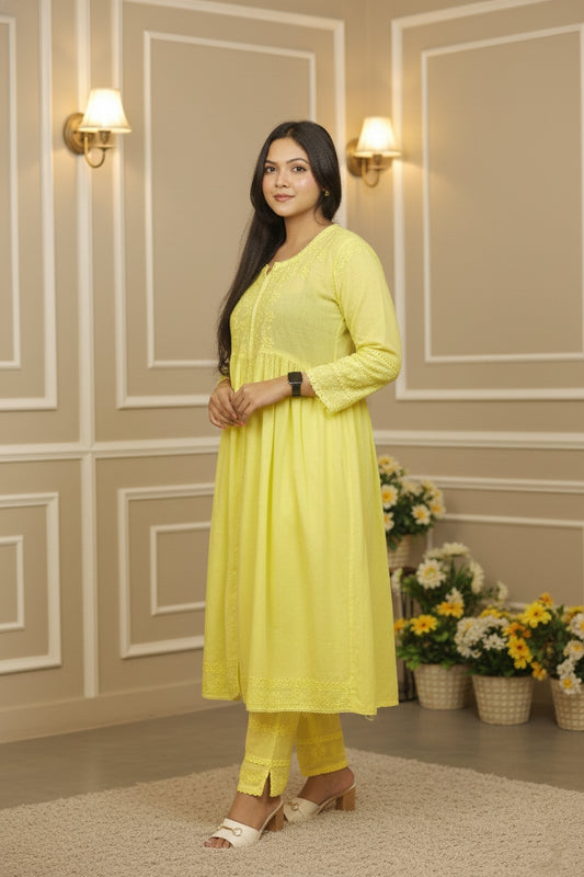 Anarkali Yellow Chikankari Suit