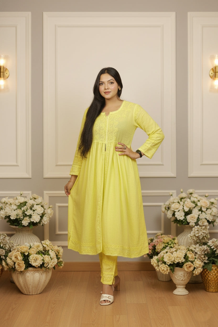 Anarkali Yellow Chikankari Suit