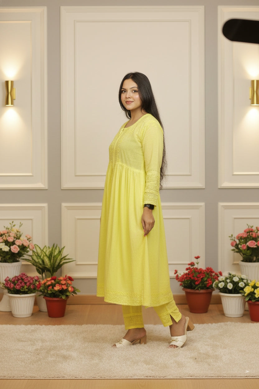 Anarkali Yellow Chikankari Suit