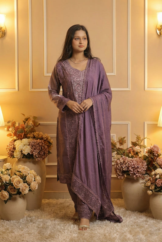 Purple Chikankari Suit with Dupatta