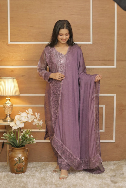 Purple Chikankari Suit with Dupatta