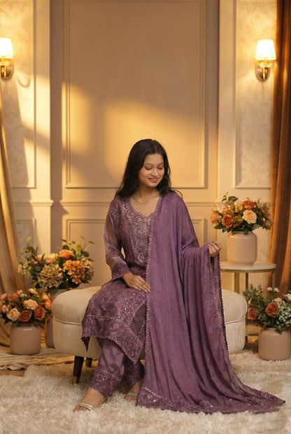 Purple Chikankari Suit with Dupatta