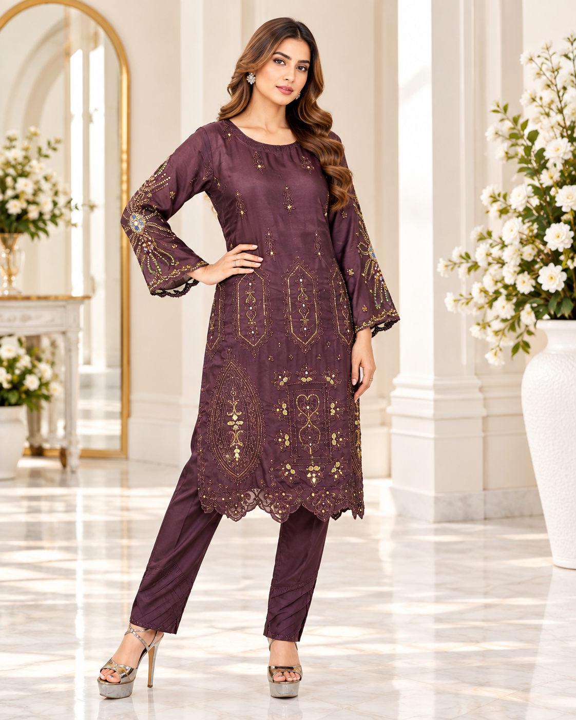 Zahra -e- Noor : Gold Embroidered Suit with Watercolor Dupatta