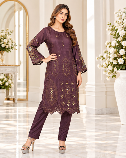 Zahra -e- Noor : Gold Embroidered Suit with Watercolor Dupatta