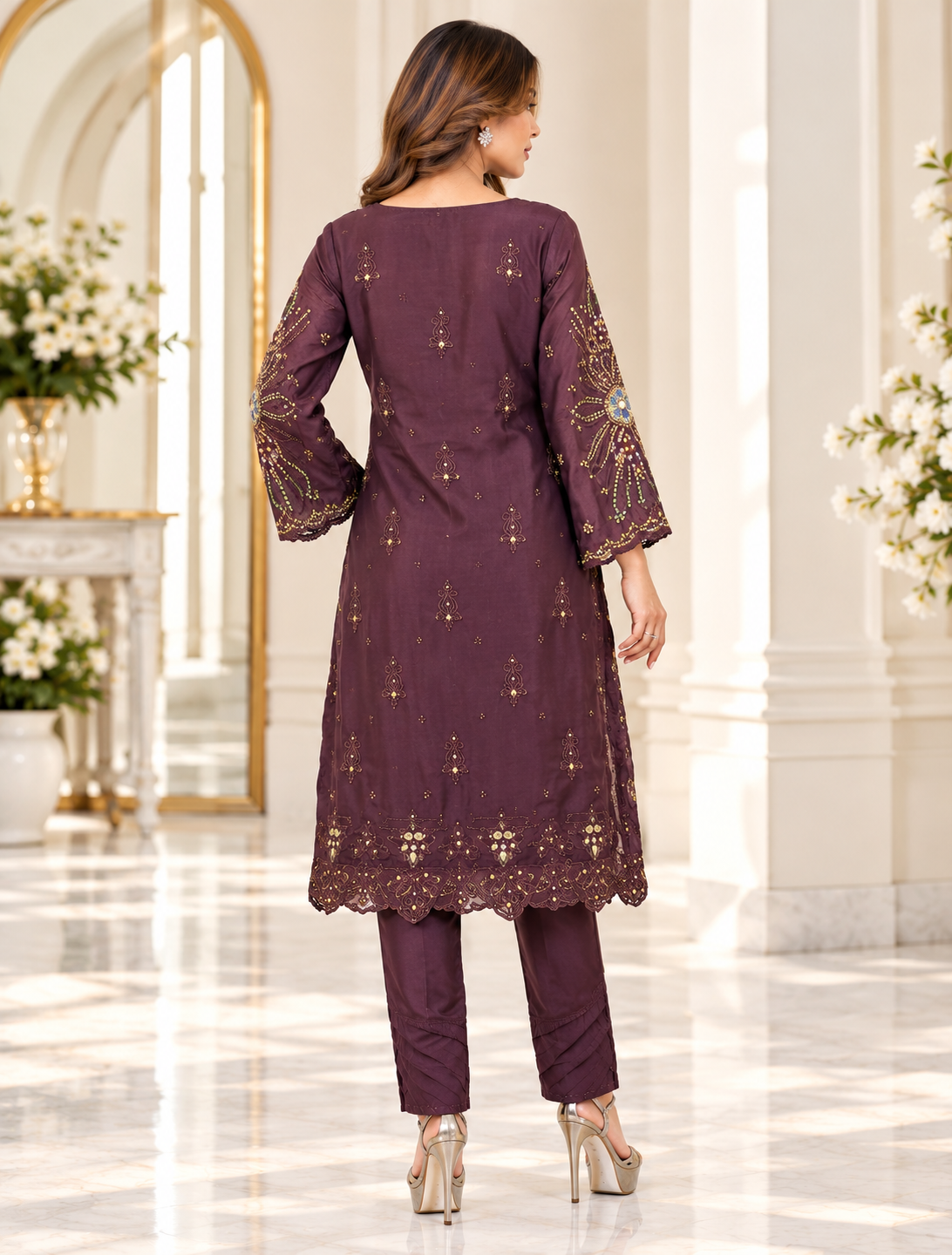Zahra -e- Noor : Gold Embroidered Suit with Watercolor Dupatta